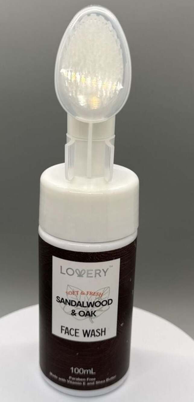Lovery Mens Sandalwood & Oak Face Wash w/ Built-in Silicone Brush, 100ml NEW